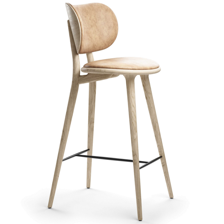 Mater Design High Stool barkruk met rugleuning 74 naturel eiken/leer