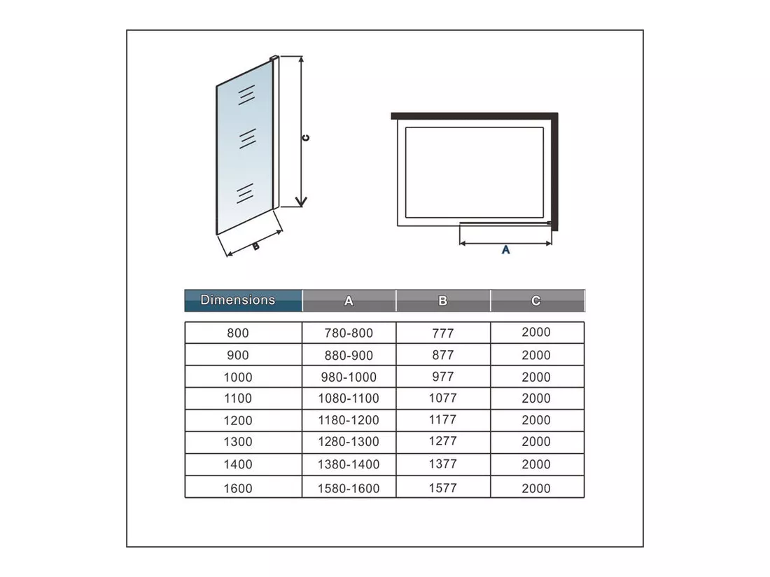 Paroi de douche fixe à l'italienne 130x200cm - 10mm verre trempé anticalcaire - Avec barre de fixation 73-120cm en carré
