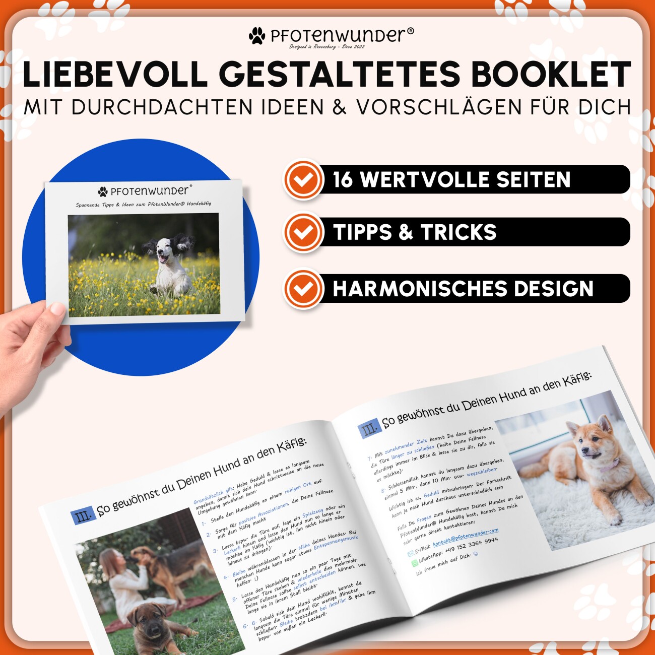 PfotenWunder® Hundekäfig klappbar 107*71*77.5cm, Hundetransportkäfig mit 2 Türen + 1 Abdeckung & 1 Trainingsbuch | Tiertransportbox, Hundetransportbox, Hundebox Auto, Drahtkäfig faltbar mit Bodenschale