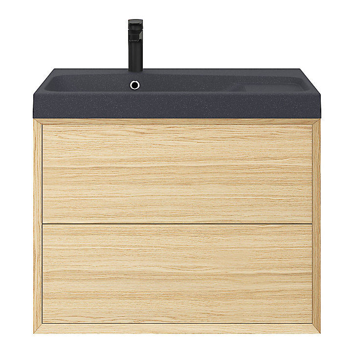 Meuble sous vasque à suspendre GoodHome Avela placage chêne 80 cm + Plan vasque en résine noir Mila