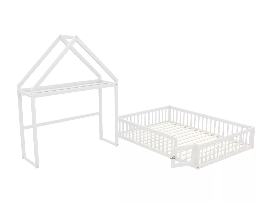 Lit enfant cabane 140x200cm en bois massif - avec tringle à vêtements - Blanc