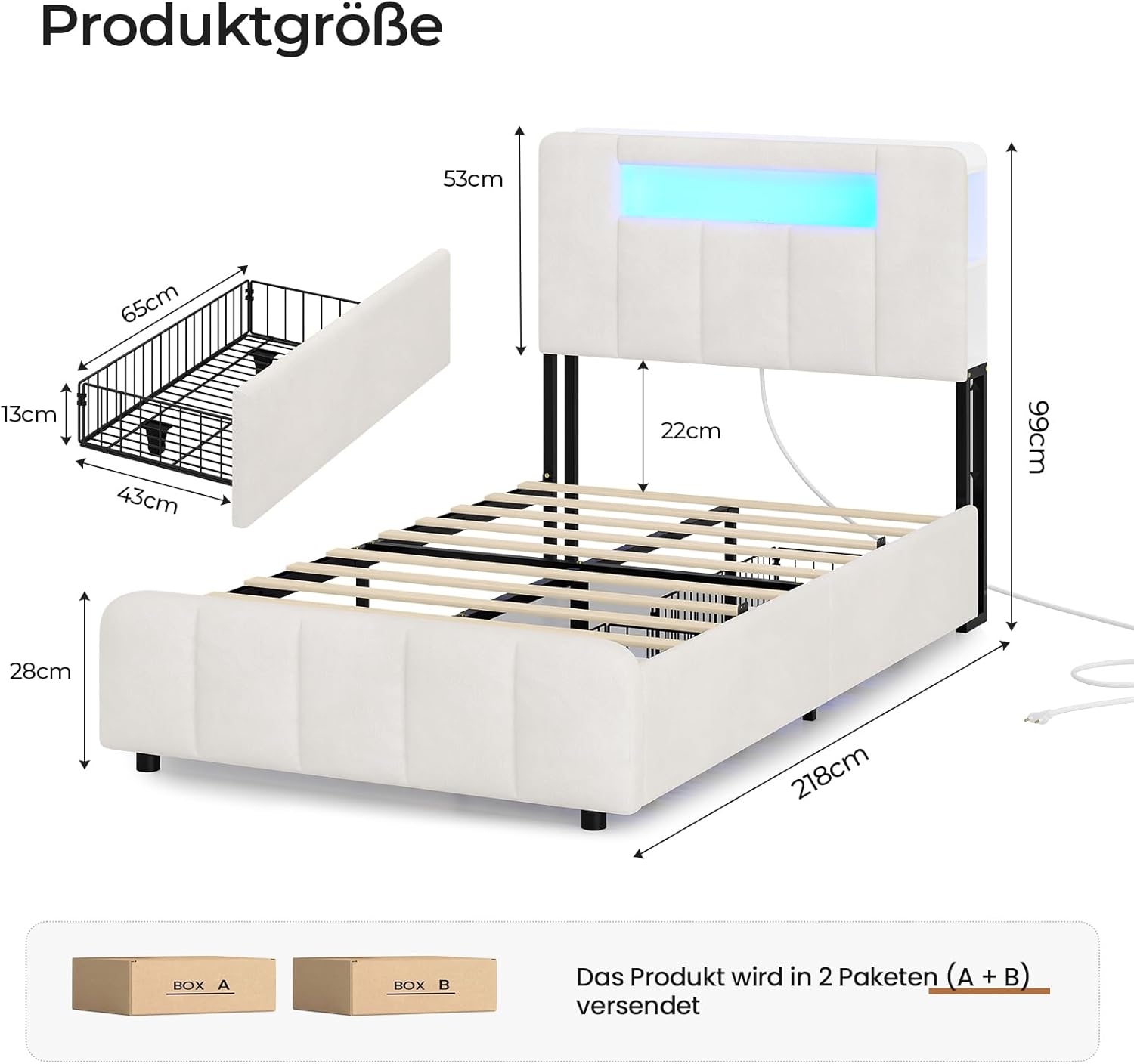 AOGLLATI Polsterbett 90x200 cm mit 2 Schubladen Bett 90x200 mit Stauraum Jugendbett mit LED-Beleuchtung und Ladestation Einzelbett mit Multifunktionales Kopfteil-Ohne Matratze,Beige Samt