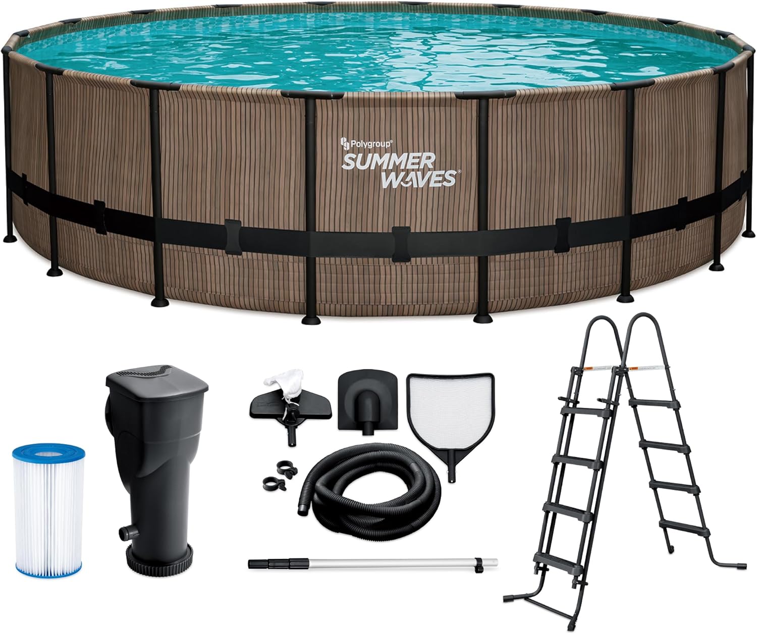 Summer Waves Frame Pool Komplettset | Rund 549x132 cm Teak Optik Braun | Aufstellpool Set | Gartenpool & Schwimmbecken inkl. Filterpumpe, Einstiegsleiter, Abdeckplane, Bodenvlies & Reinigungsset