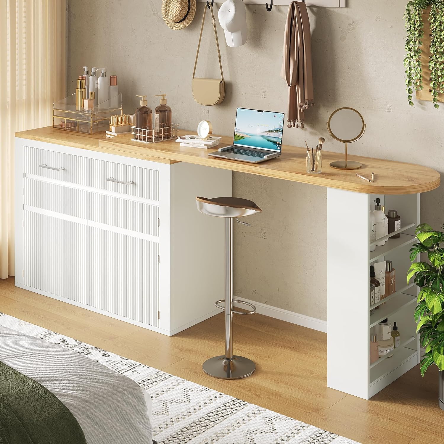 Ausziehbarer Bartisch mit Stauraum, Moderner Beweglicher Bar Table, Teleskopischer Bartisch mit Einer Schublade und Zwei Regalen, Hochtisch Kücheninsel Bistro Table (Weiß, 215x39.2x102.3CM) RN1360696