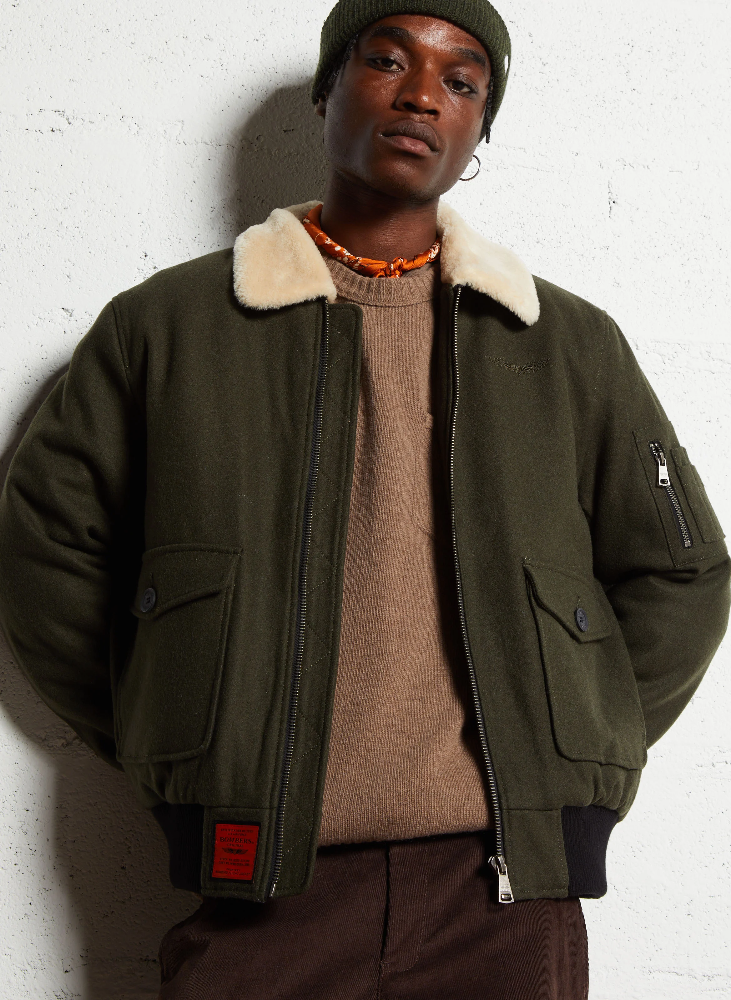 Blouson col classique droit en laine mélangée | Kaki