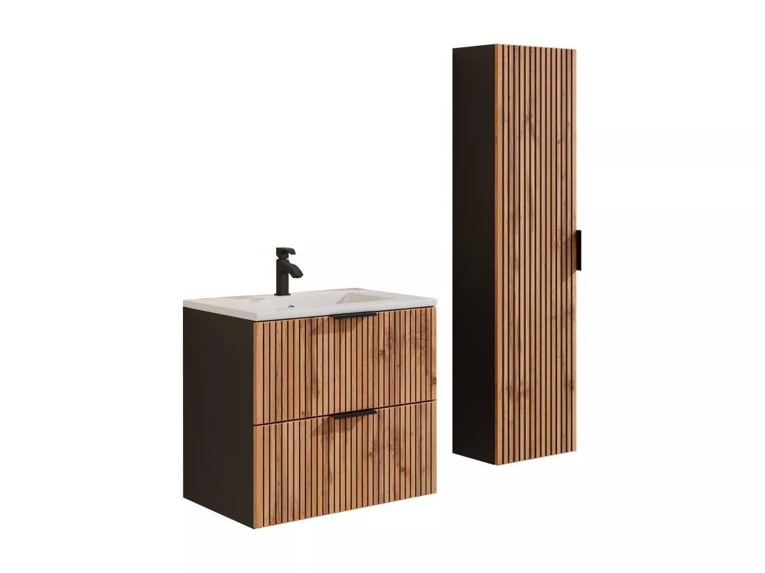 Meuble de salle de bain suspendu strié avec vasque à encastrer et colonne - Naturel clair et noir - 60 cm - MADELA