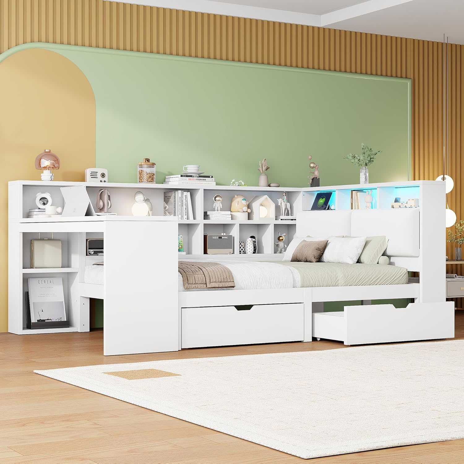 Kebnor L-förmiges Holz-Plattformbett mit Schreibtisch und Bücherregal, Eck-Kapitänsbett mit gepolstertem Kopfteil, Schubladen unter dem Bett, LED-Licht - Weiß (140x200cm)