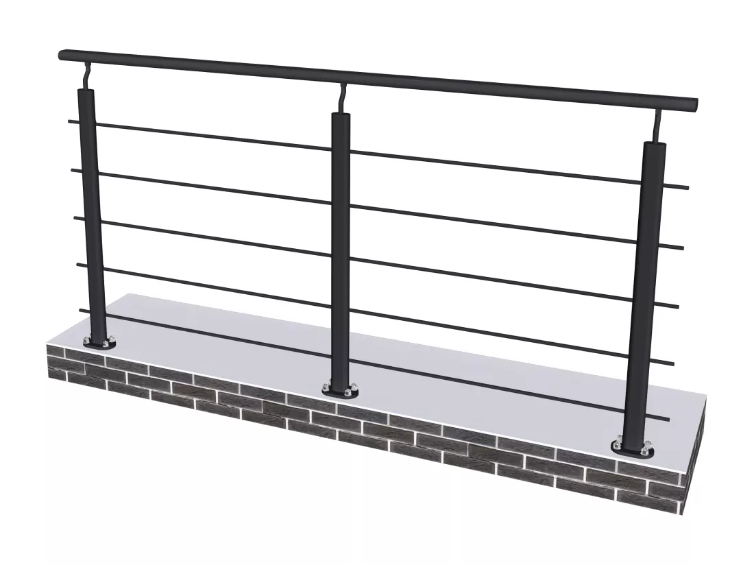 Garde-corps - Aluminium Noir - 200cm - Avec 5 traverses et 1 main courante - Pour intérieur et extérieur - Fixation à plat
