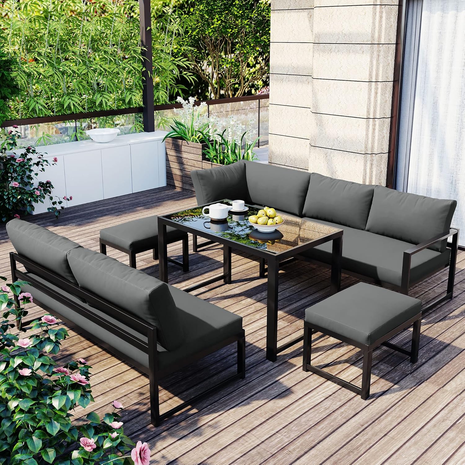 Merax Gartenlounge-Set 7 Sitzplätze, Garten-Freizeittisch- und Stuhlset,Aluminium Sitzgruppe für Garten Balkon, mit Vierter Gang verstellbare Rückenlehne, Tisch mit Sicherheitsglasplatte,Grau