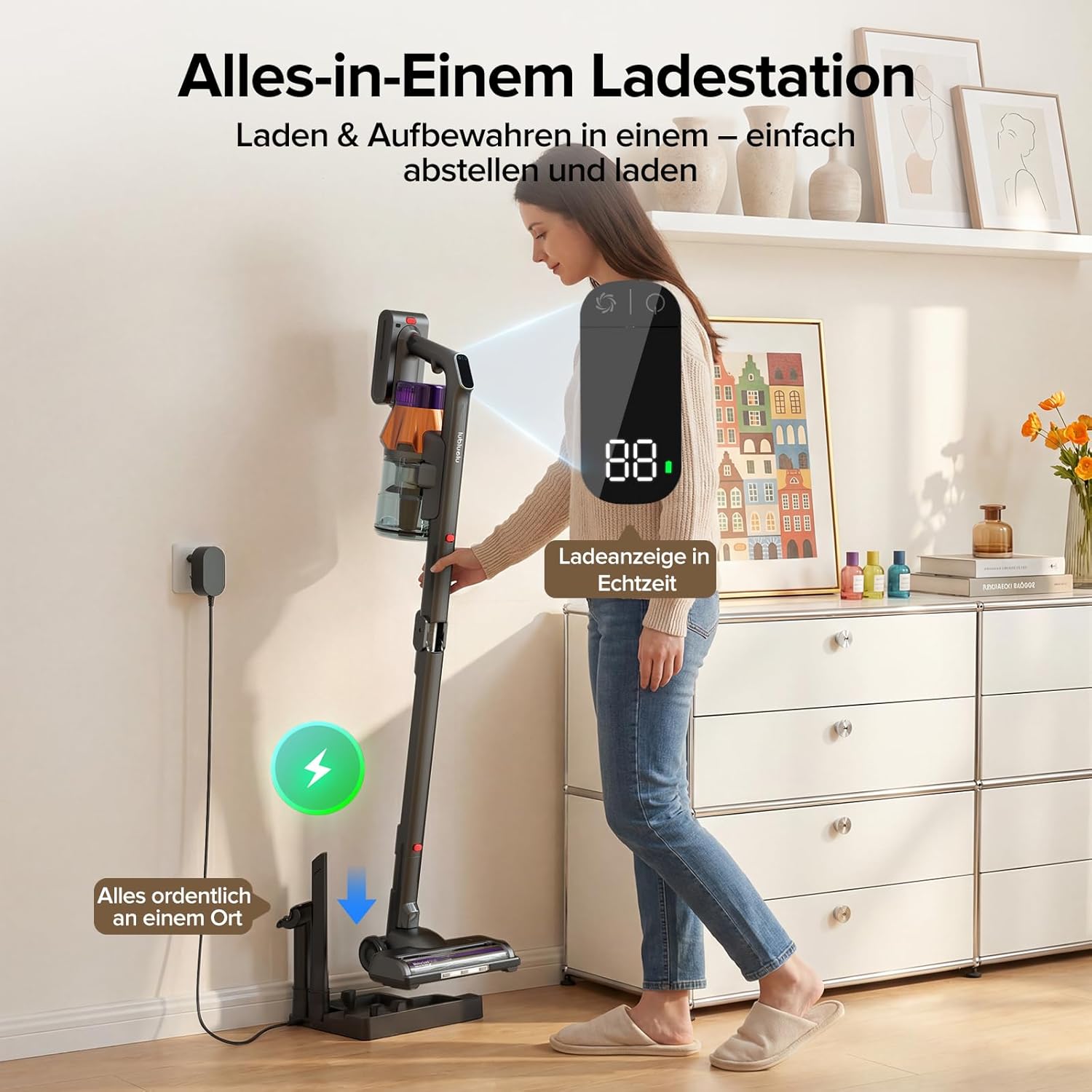 Lubluelu Akku Staubsauger kabellos, 55 kPa, 600 W, selbststehend & faltbar, bis zu 65 Min. Laufzeit, mit Ladestation, 7-stufiges Filtersystem, für Tierhaare, Hartb?den & Teppiche