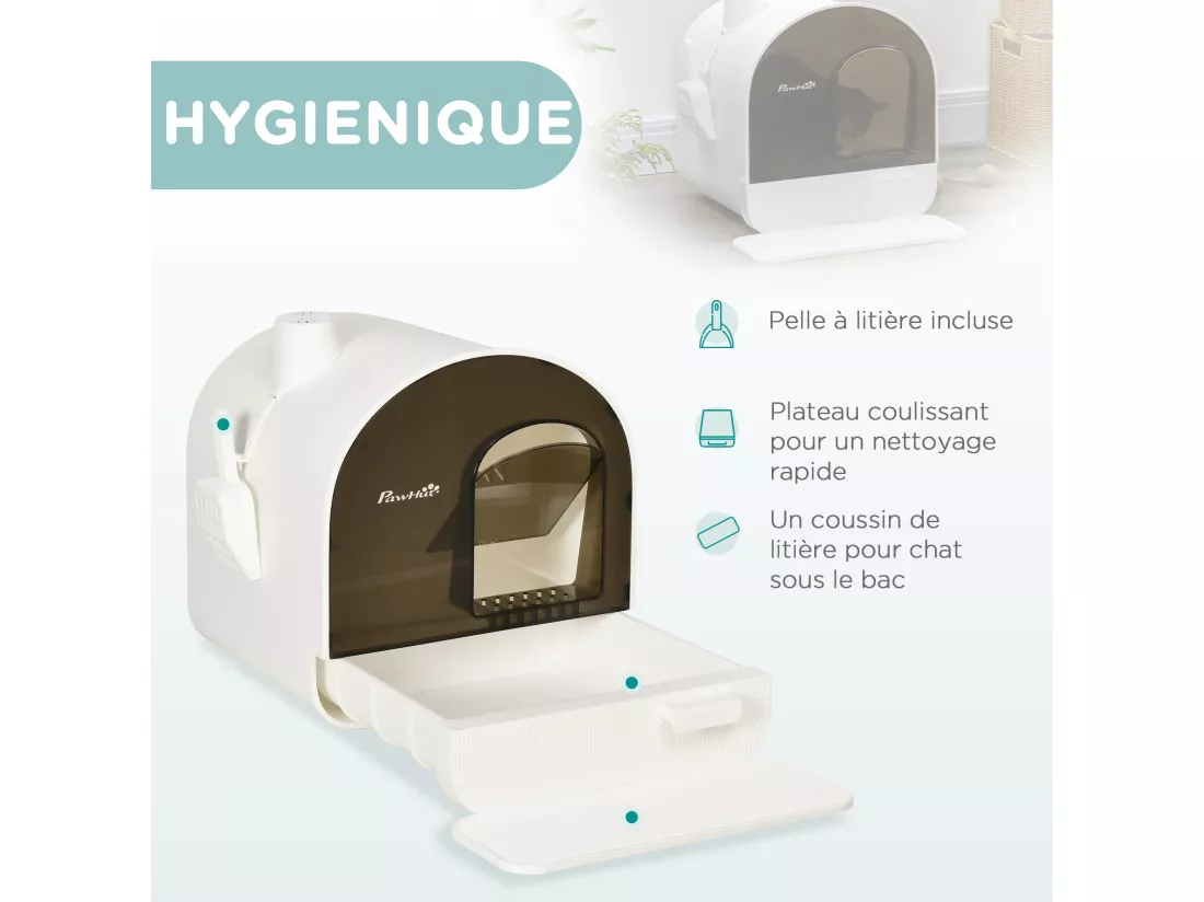 Maison de toilette bac à litière pour chat avec porte battante, pelle et filtre inclus dim. 43L x 44l x 47H cm PP blanc marron fumé