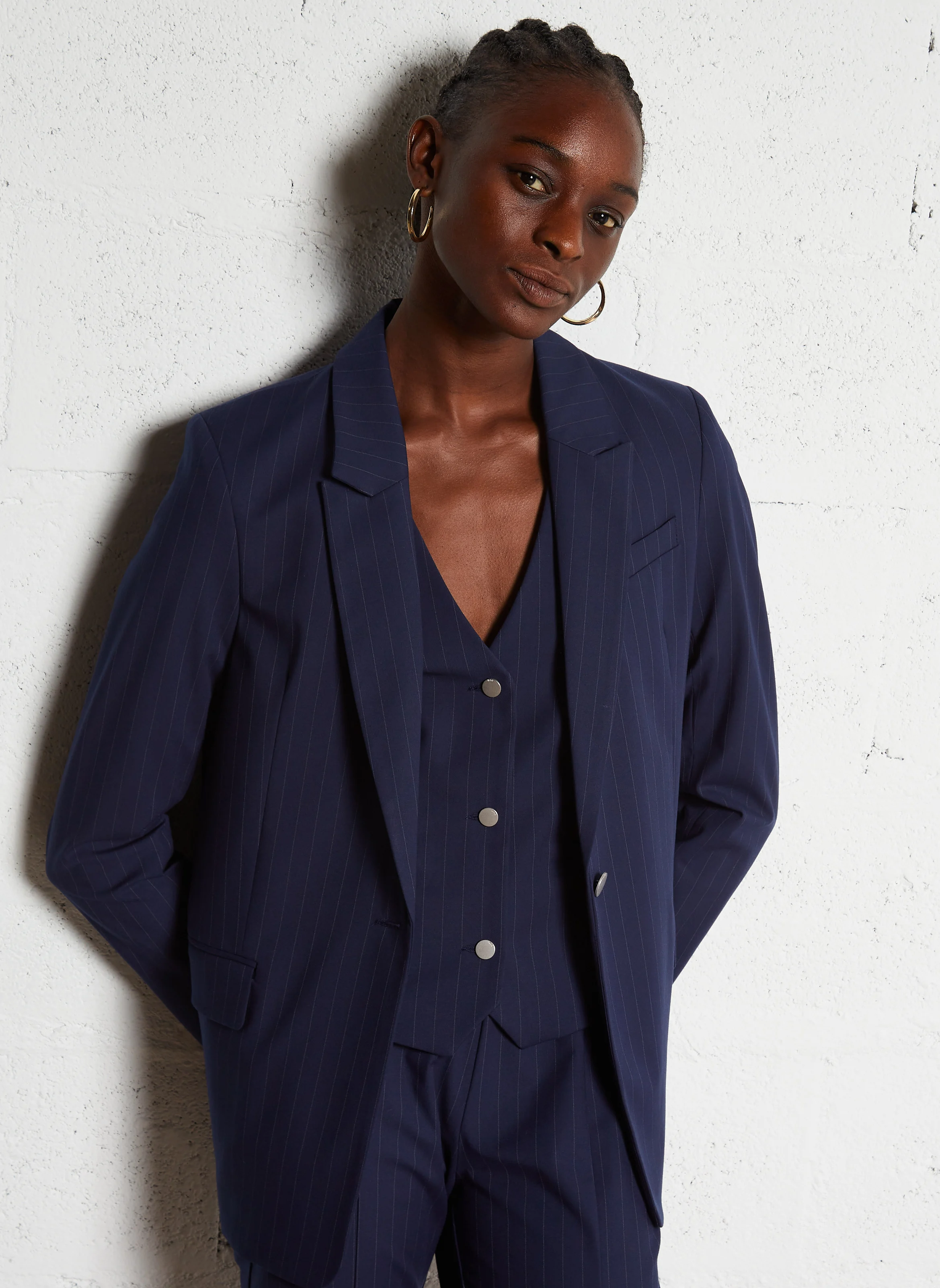 Veste tailleur droite rayée | Bleu