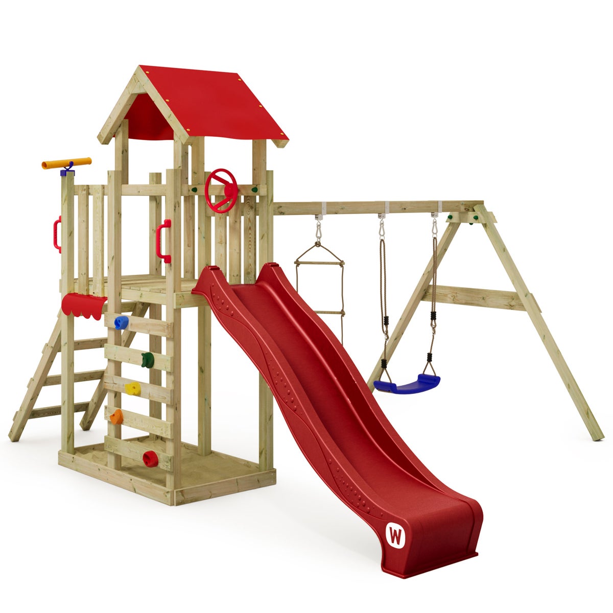 WICKEY MultiFlyer Light speeltoren klimtoestel met schommel en glijbaan, klimtoren met zandbak, ladder en speeltoebehoren – rood