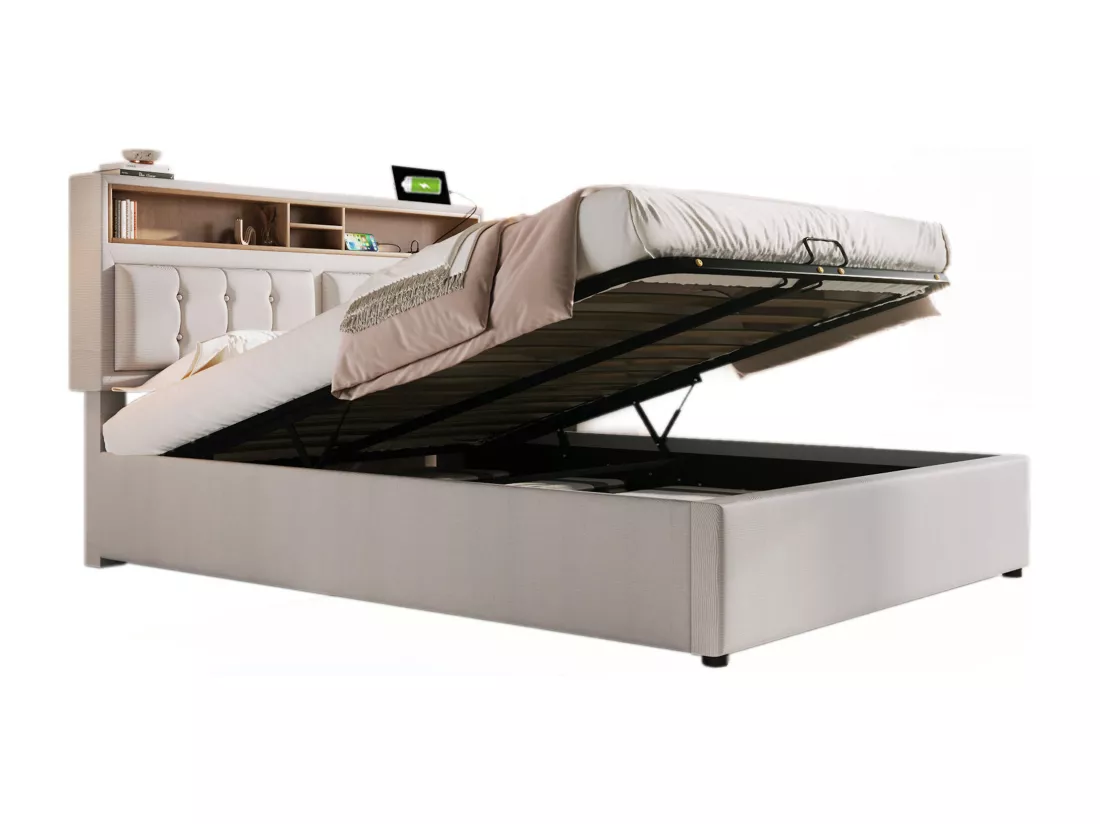 Lit coffre 160x200 cm en tissu lin - tête de lit réglable avec prises - avec sommier à lattes - Beige