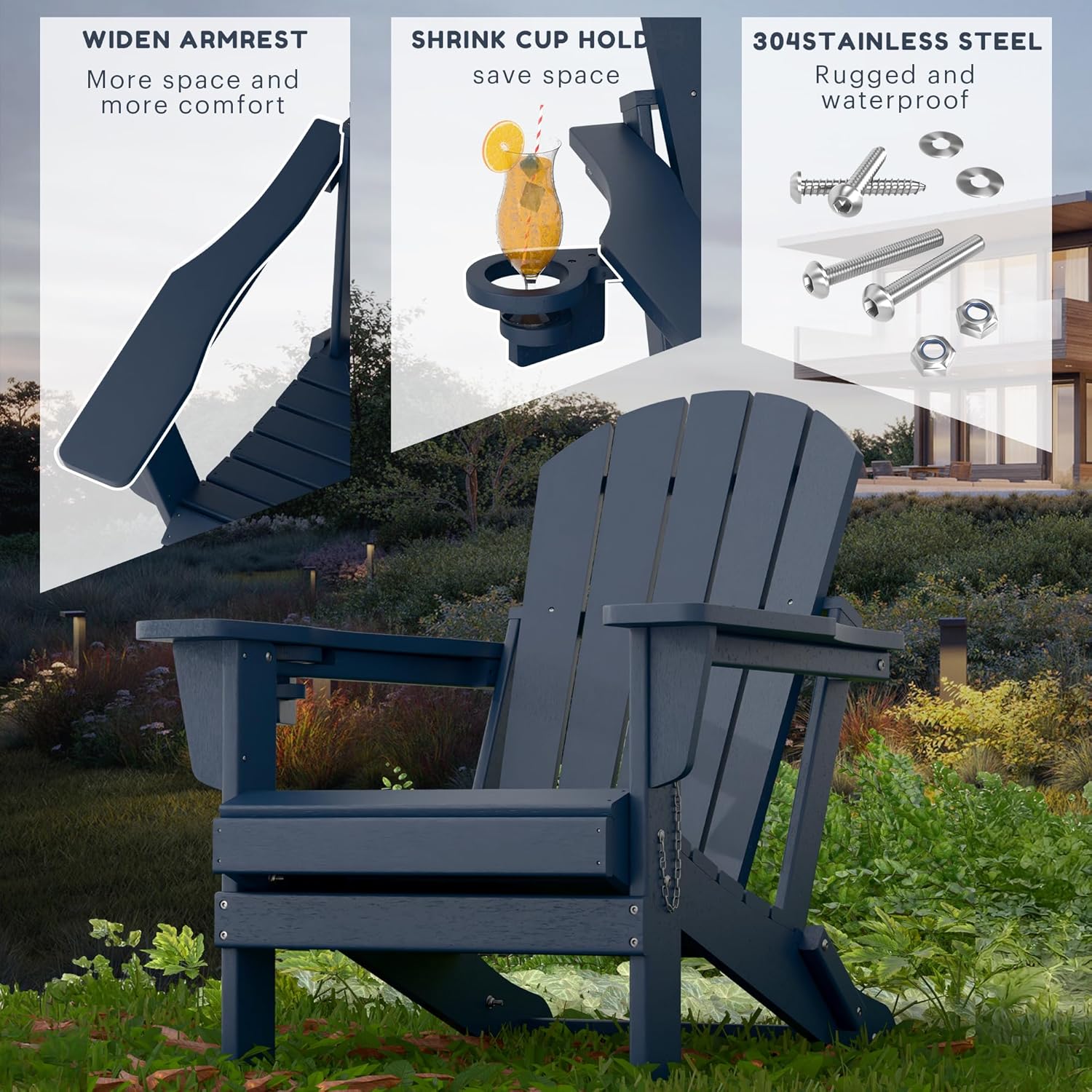 Adirondack Stuhl,HDPE-Wetterfester Klapp-Adirondack-Stuhl mit Becherhalter für Garten,Terrasse,Hinterhof,Patio(Blau)