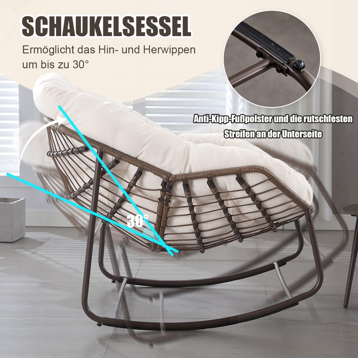 Schaukelstuhl Schaukelsessel mit Rattan, Loungesessel drinnen & draußen, Ei-Schaukelstuhl für Wohnzimmer Balkon Garten Outdoor und Indoor Samt Weiß