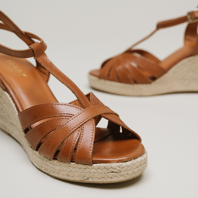 Espadrilles compensées  en cuir cognac