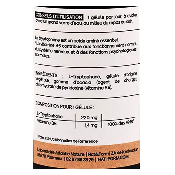 Triptofano + Vitamina B6 Relaxante Nat & Form 30 cápsulas
