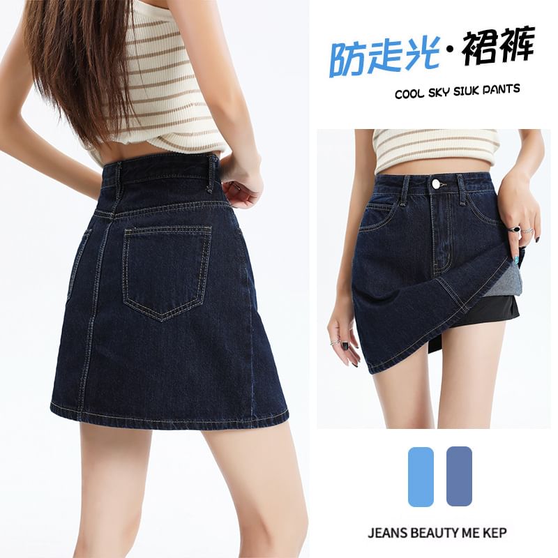 Denimot - Hoge taille gewassen mini A-lijn denim rok