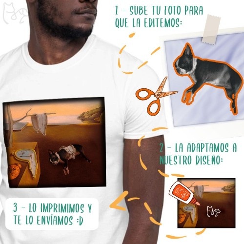 Camiseta masculina Mascochula, estampa moderna inspirada em Dali, personalizada com a foto do seu pet, cinza escuro.