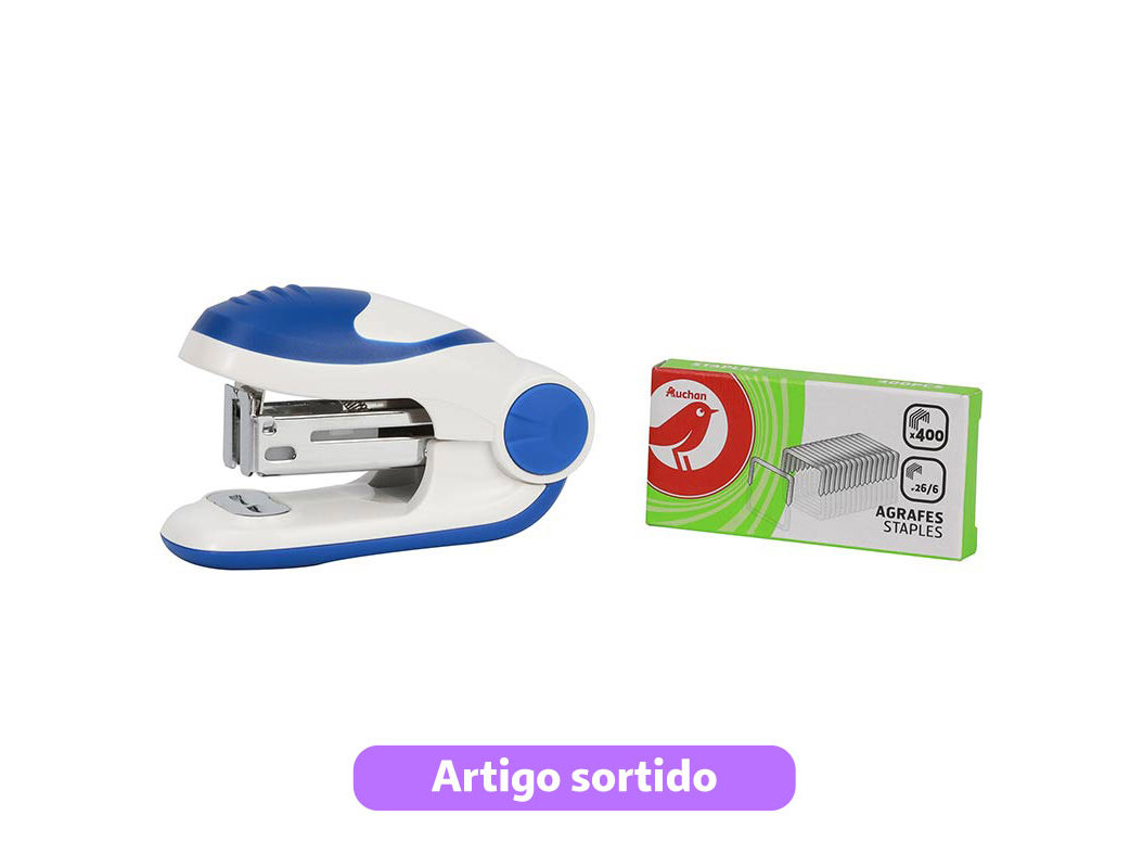 CONJUNTO DE MINI AGRAFADOR 24/6-26/6 AUCHAN E CAIXA COM 400 AGRAFOS CORES SORTIDAS