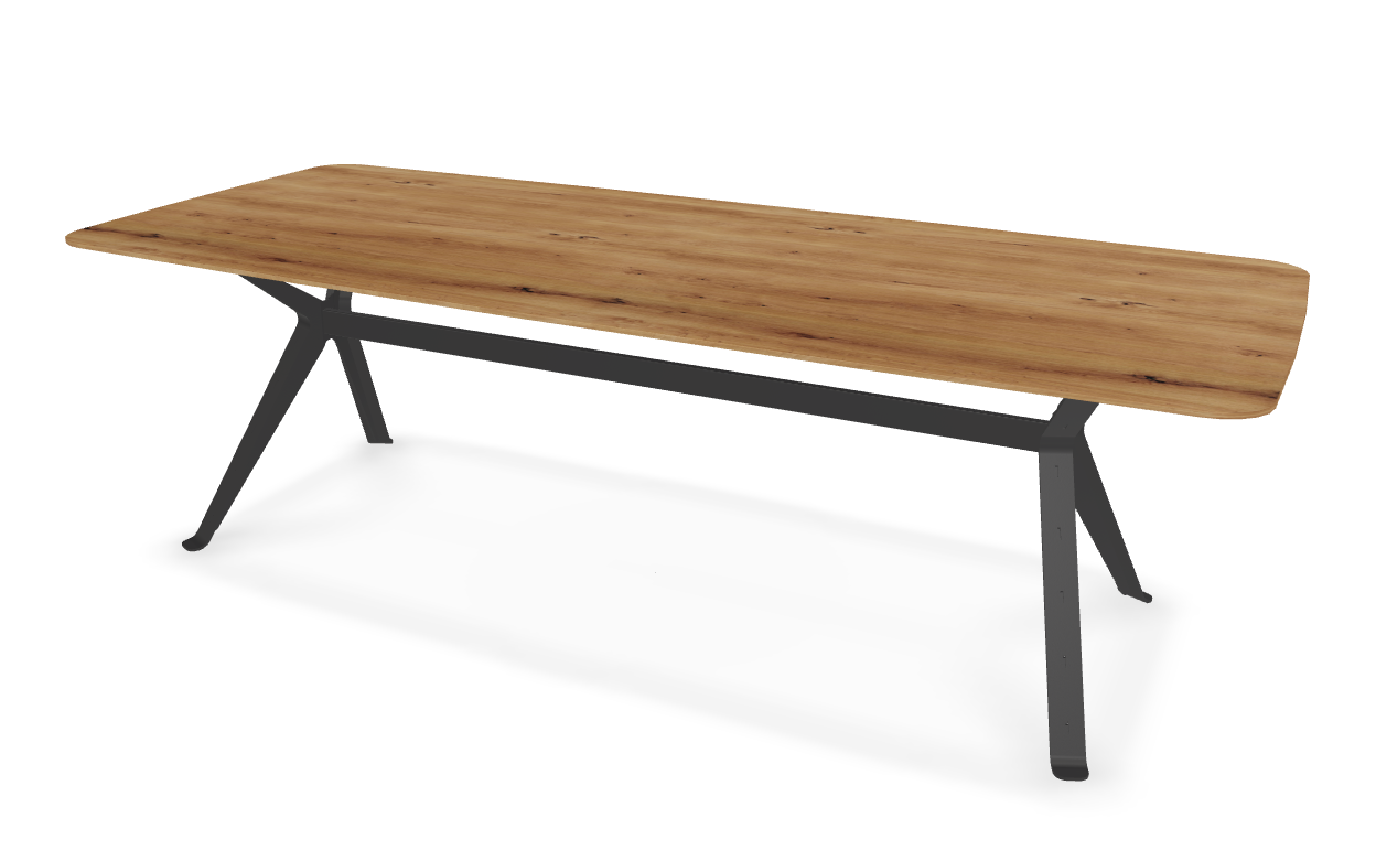 They & Me eettafel Chat – bootsvorm – eiken rustiek lak – onderstel RAL9017 verkeerszwart 240 x 100 x 75 | Eiken Rustiek lak | Rechte Rand | Frame RAL9017 verkeerszwart