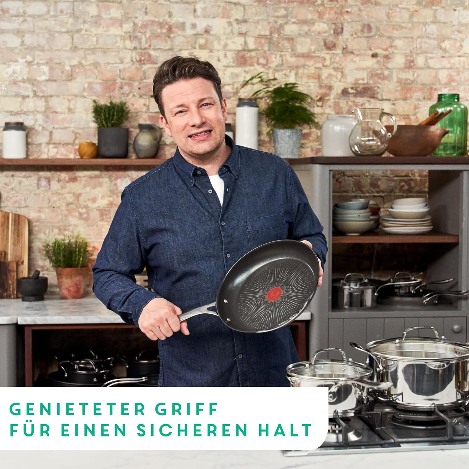 Tefal Jamie Oliver Cook's Direct On Pfannenset 20/24/28 cm, Thermo-Signal bei idealer Brattemperatur, Antihaft, Bratpfannen Induktion, rostfrei, backofenfest, genieteter Griff, E304S344