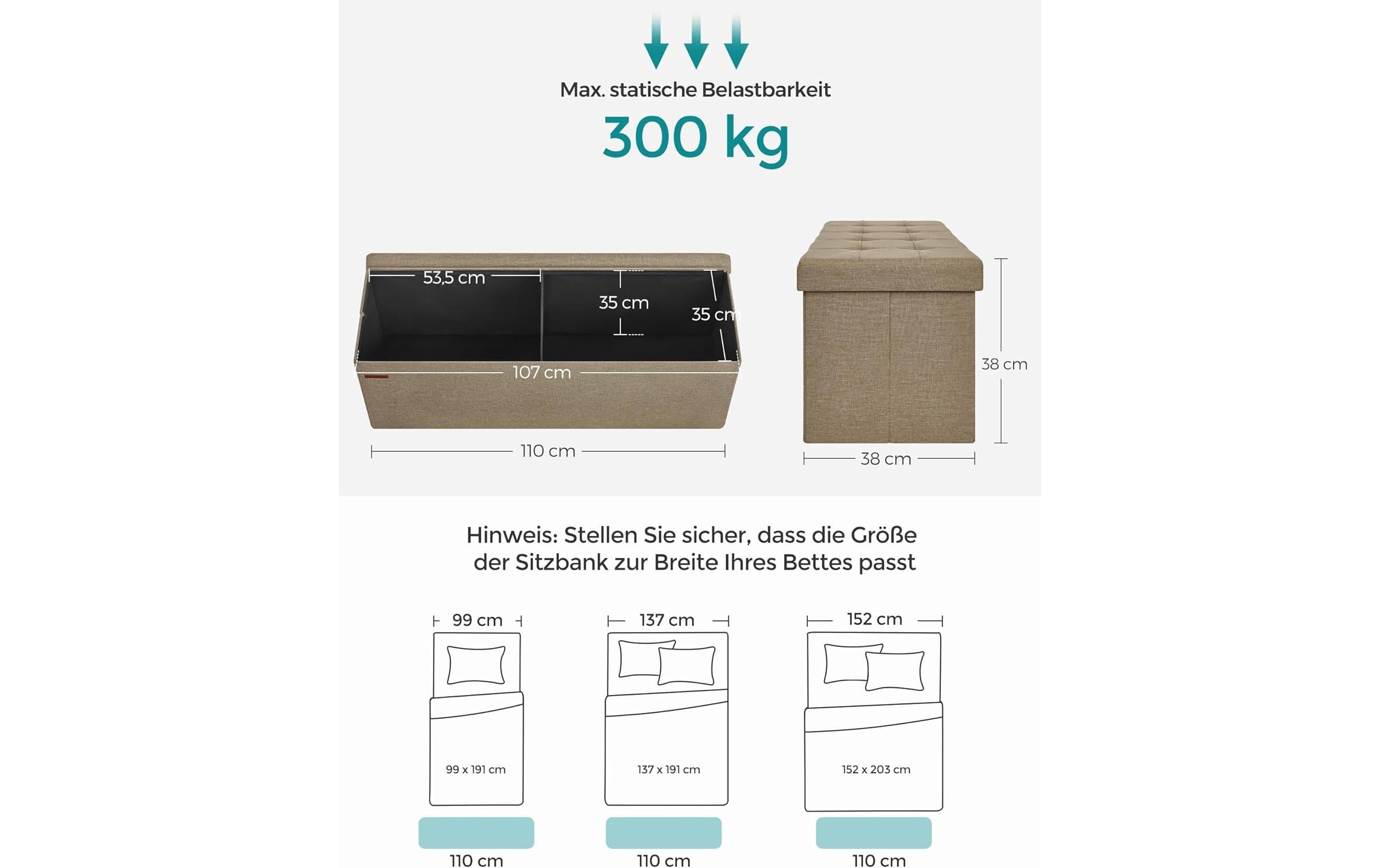 Sitztruhe Ottomane 110 x 38 cm, BeigeSitzbank mit Stauraum
