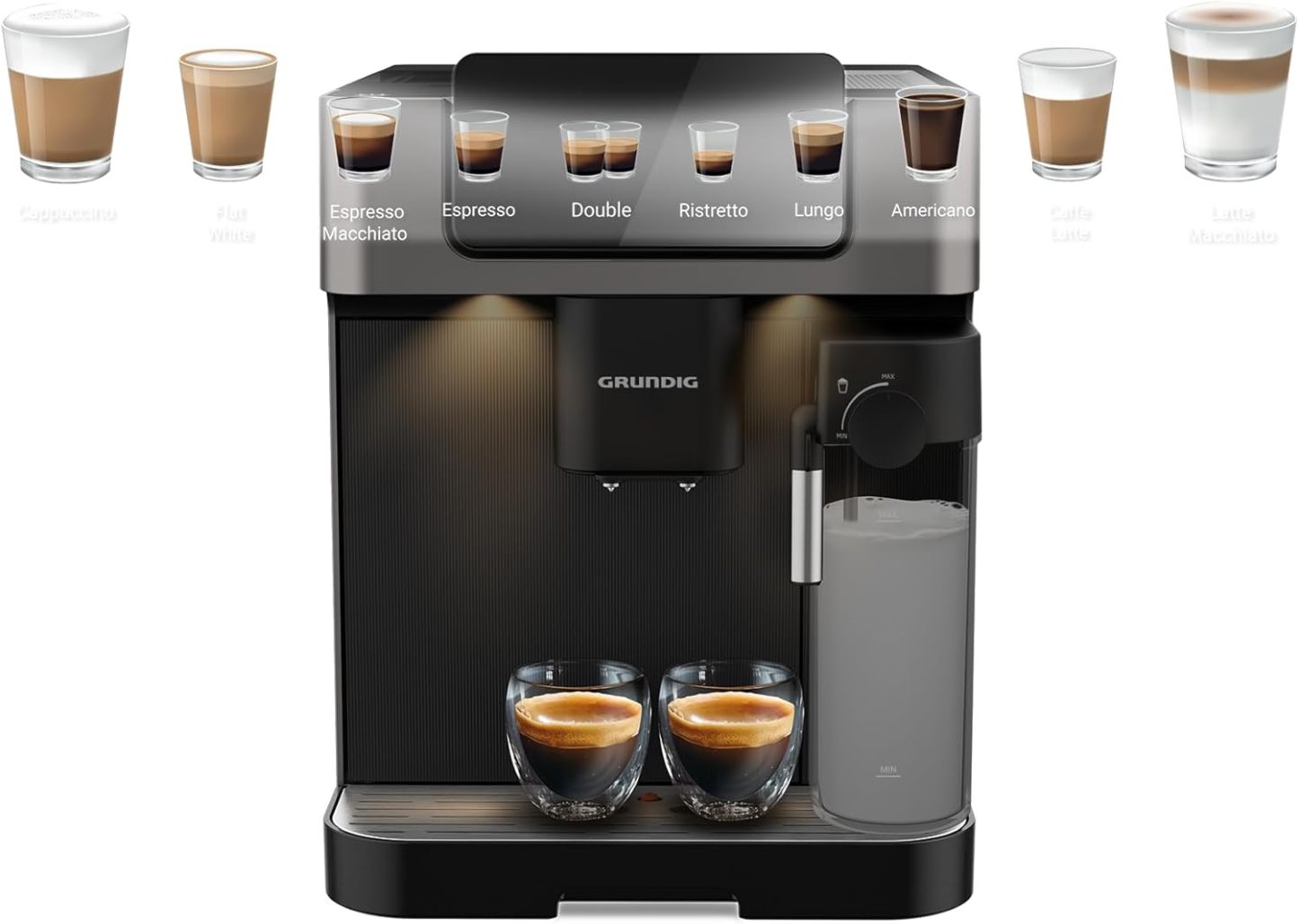 GRUNDIG KVA 7230 Kaffeevollautomat, Kaffeemaschine, 10 Kaffeespezialitäten, 13 Mahlgrade, Milchbehälter, leistungsstark 1350 W, 19 Bar Pumpendruck, Zweifachdüse, Beleuchtung, Schwarz/Dunkelsilber