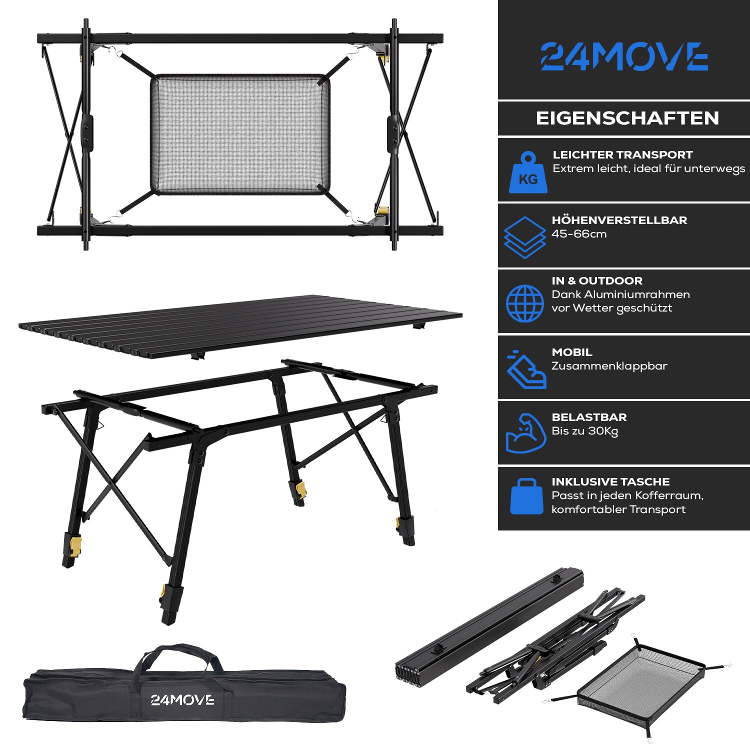 24MOVE® Campingtisch Klapptisch mit Aluminiumrahmen, Tischplatte aufrollbar, Falttisch klappbar, höhenverstellbar, inkl. Tragetasche - bis 30 kg, Anthrazitgrau