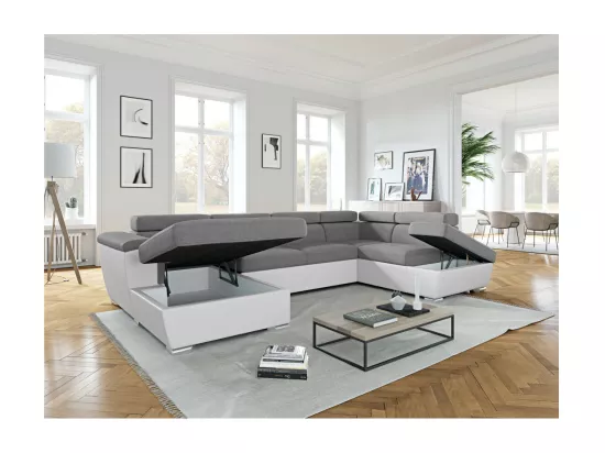 Canapé d'Angle Panoramique 6 Places Paola Convertible en Simili/Tissu Avec Coffres - Blanc/Gris - L322 x P196 x H76cm - Loungitude
