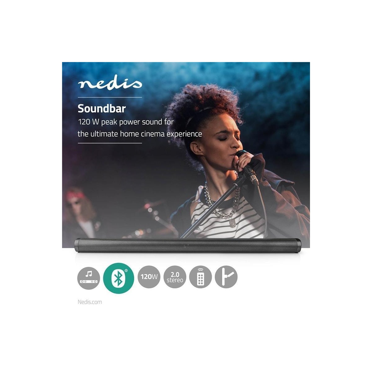 Nedis Soundbar | 2.0 | DSP Program | 135 W | 1 stk. optisk / 1x 3.5 mm / 1x Coax Audio / 1x USB | 1x HDMI (med ARC) | Bluetooth® | Kan monteres | Mørk Grå / Sort