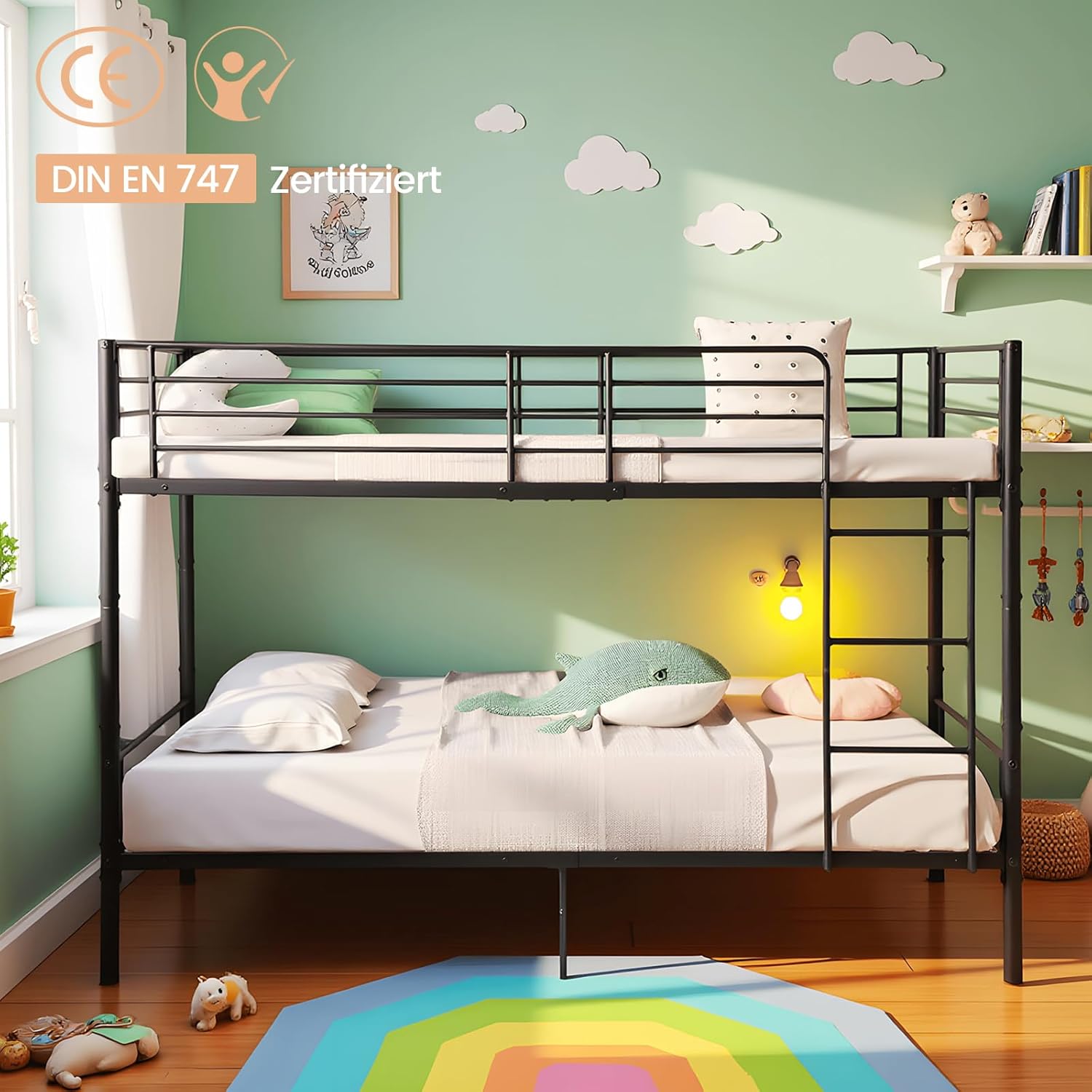 Metall Bett Etagenbett Stockbett 90x200 cm,Hochbett Metallbett Jugendbett Doppelstockbett mit Lattenrost Schlafzimmer - Schwarz