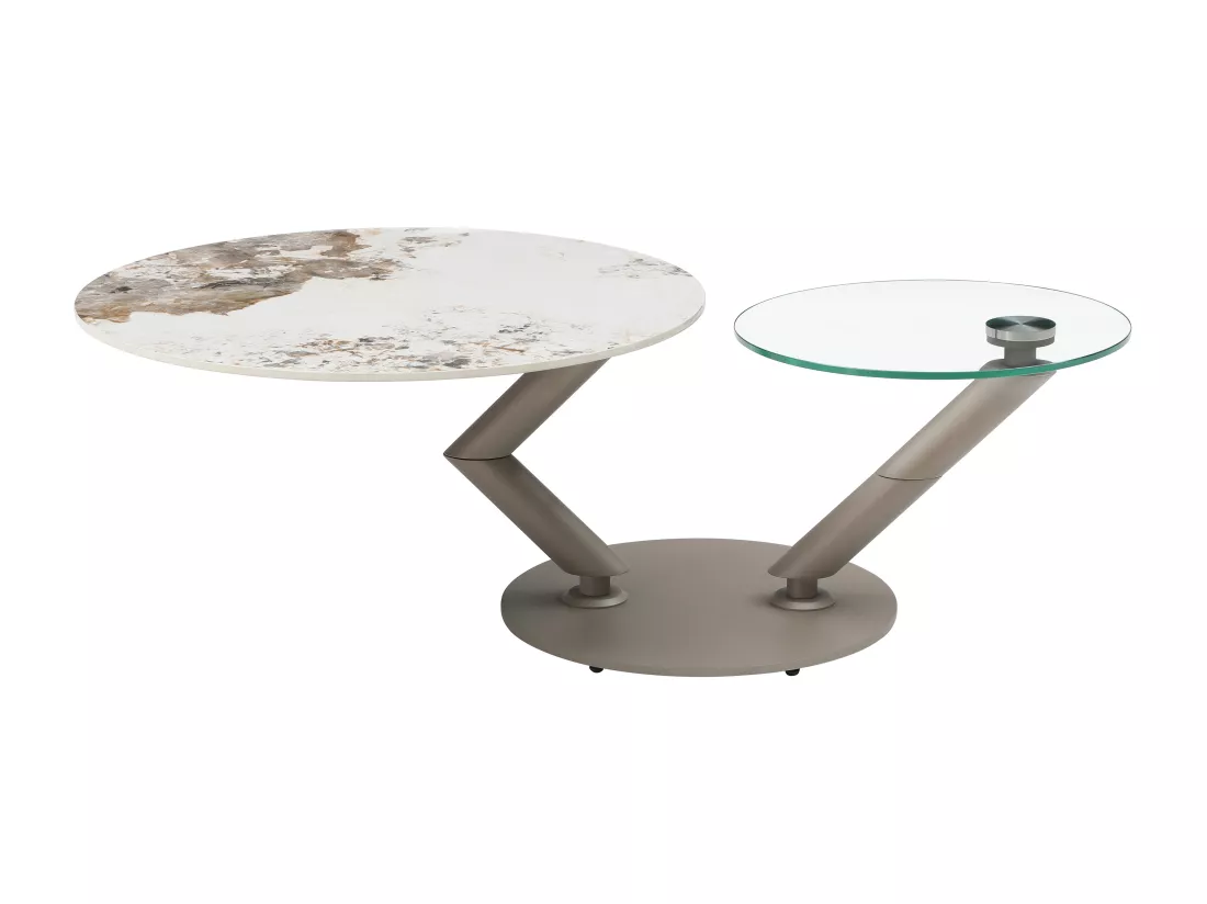 Table basse avec plateaux pivotants en céramique, verre trempé et métal taupe - Effet marbre blanc et gris - ELDOVA