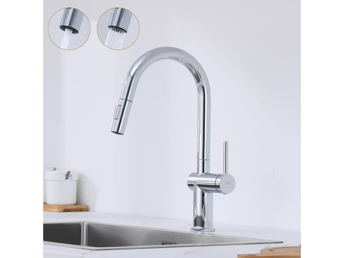 Mitigeur de Cuisine Douchette Extractible,,avec 2 Fonctions Robinet de Cuisine Rotatif à 360°,Acier Inoxydable,Eau Froide et Chaude,Chromé