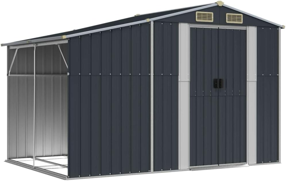 vidaXL Gerätehaus, Gartenhaus mit Schrägdach Griffe, Gartenschuppen Schuppen mit Stauraum, Geräteschuppen Metallschuppen, Anthrazit 277x192,5x179 cm Verzinkter Stahl