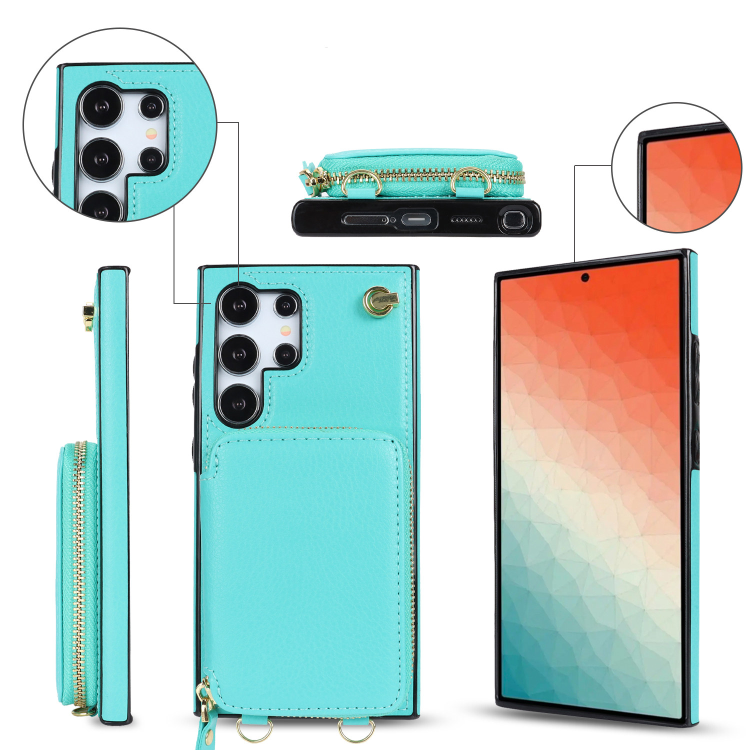 Samsung Galaxy S24 Ultra Necklace Leder Schutz Hülle mit Kartenfächer   Handykette (140cm) - Türkis
