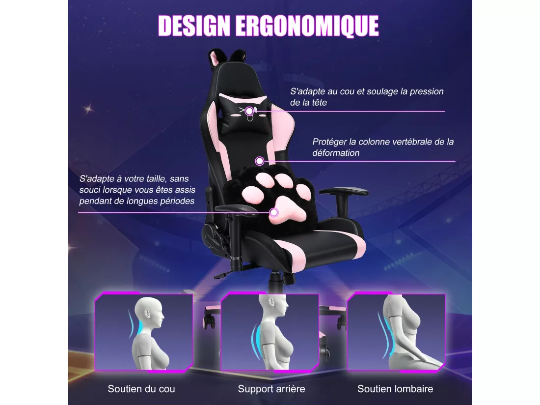 Chaise de jeu avec haut-parleurs, vidéo et lumière RGB, chaise ergonomique de course, fauteuil inclinable en cuir PU, chaise d'ordinateur pivotante pour e-sport avec appui-tête, accoudoirs, support lombaire (repose-pieds, LED, haut-parleurs, rose)