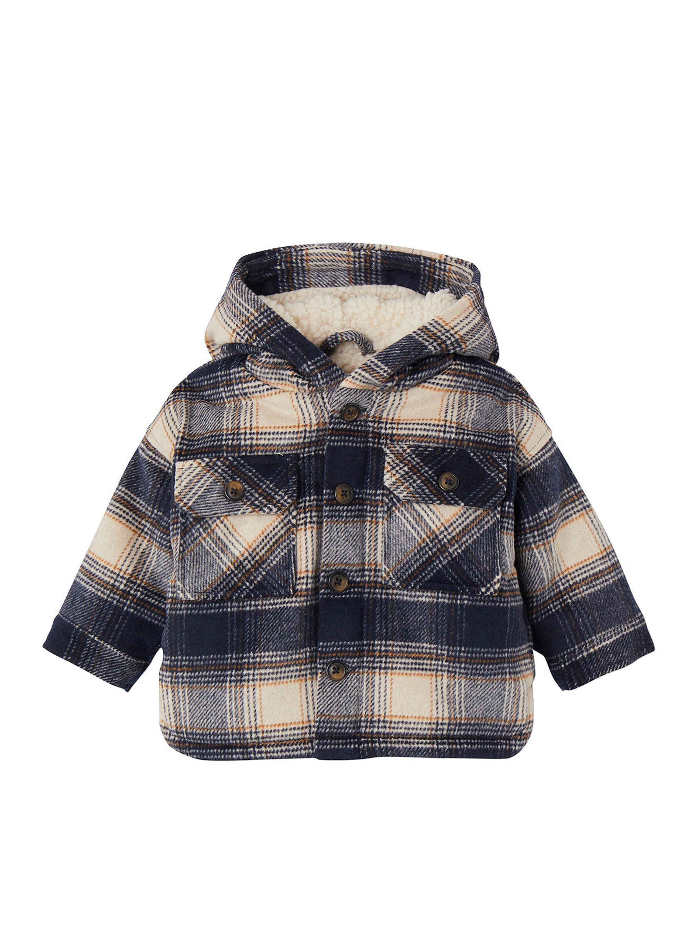 Vertbaudet Karierter Baby Mantel mit Teddyfleece-Futter & Kapuze, Recycling-Polyester marine