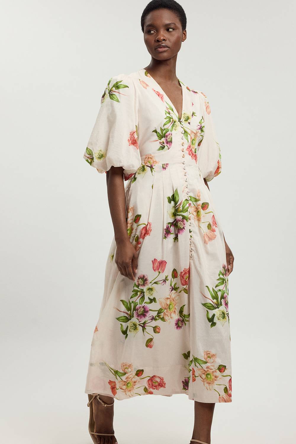 KarenMillen Robe Midi À Fleurs En Coton Et Soie Avec Manches Bouffantes