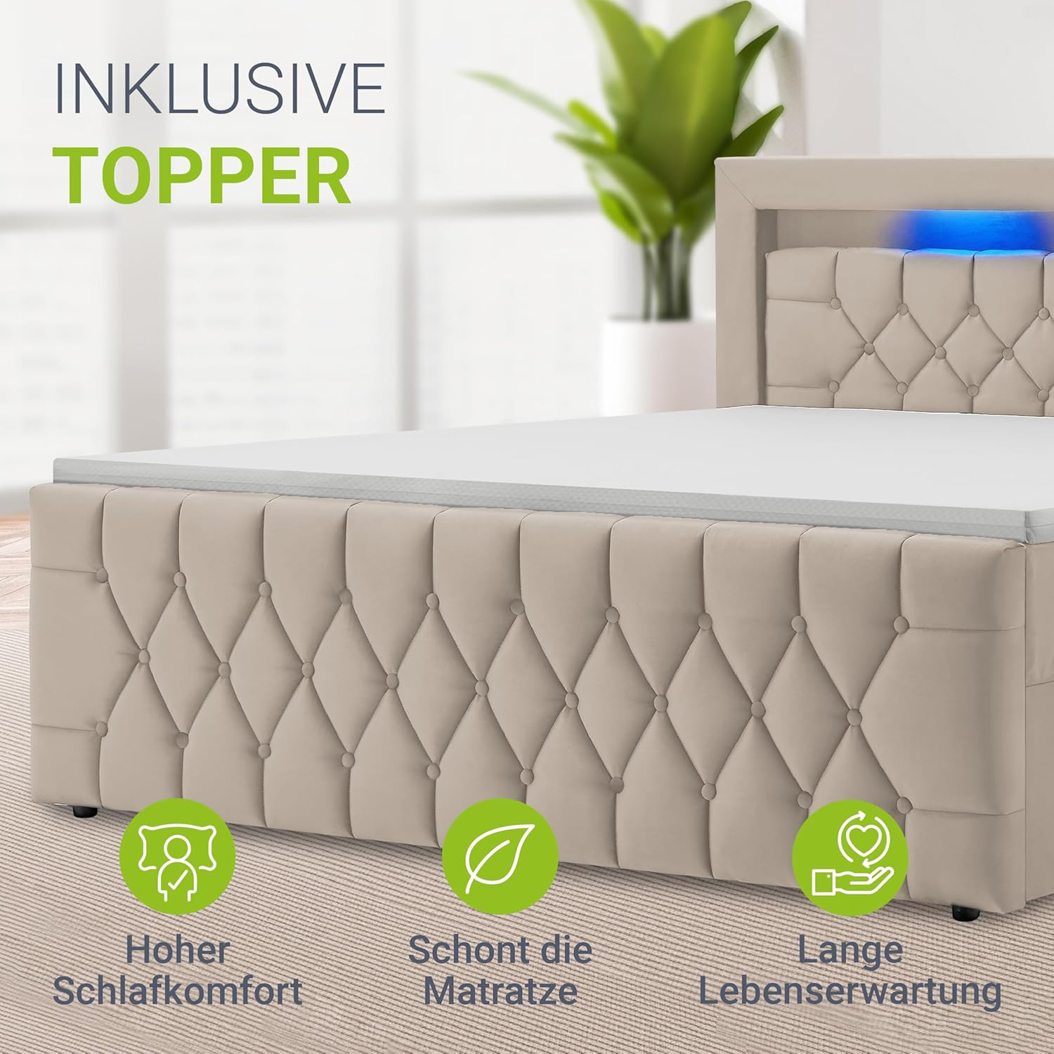 Juskys Boxspringbett Leona 180x200 cm - Bett mit LED Beleuchtung, Topper & H4 Federkern Matratzen - Doppelbett mit Samt und Steppung - Beige