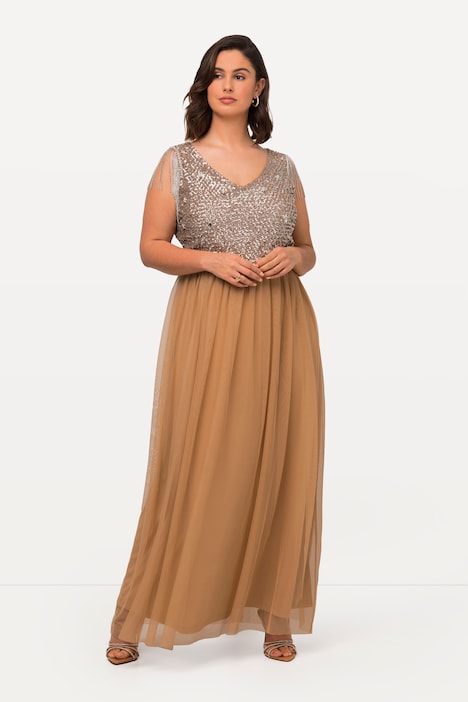 Maxikleid, Pailletten, V-Ausschnitt, ärmellos
