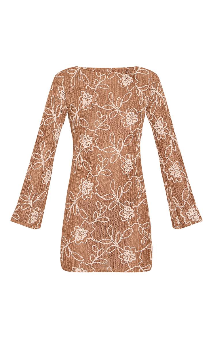 Marron Robe Droite À Manches Longues À Motif Floral Texturé