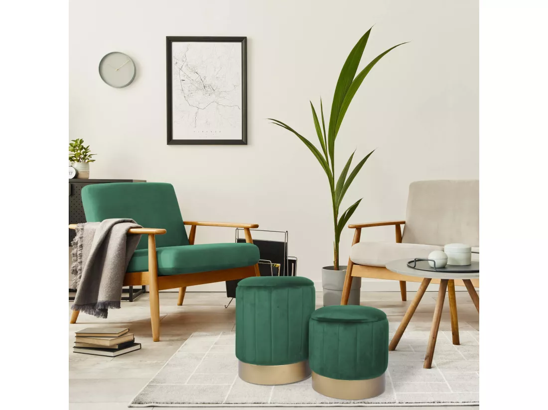 Set 2 Poufs en velours Vert Tabourets Rembourrés