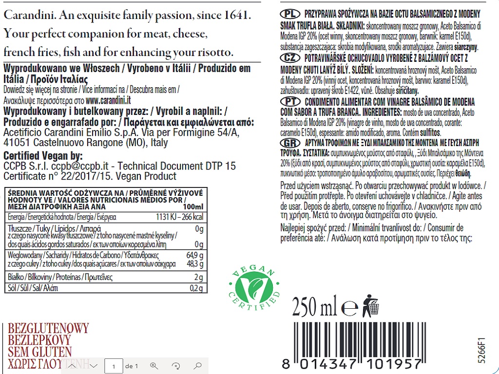 CREME BALSÂMICO CARANDINI TRUFA 250 ML