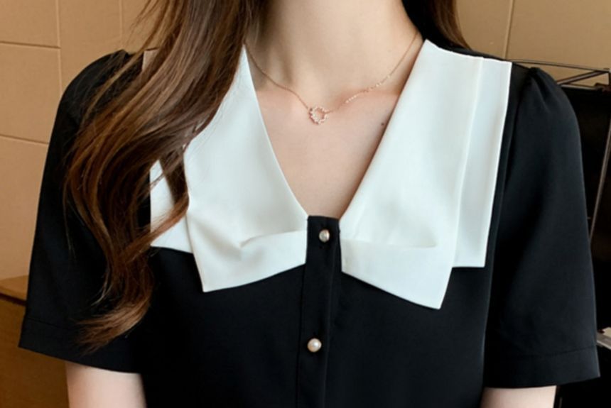 Dragan Pulse - Blouse met korte mouwen en contrastkraag van chiffon