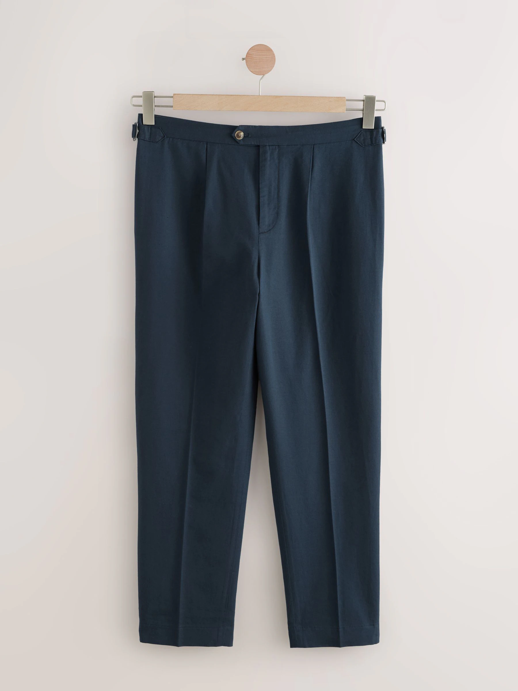 Donkerblauw - Slim-fit katoenen mix Broeken met verstelbare zijkanten, linnen en lyocell.