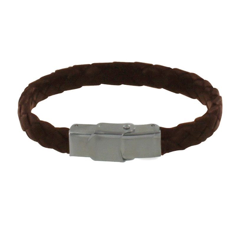 Bracelet Enfant Cuir Marron Foncé Tréssé Plat Fermoir Acier Inoxydable