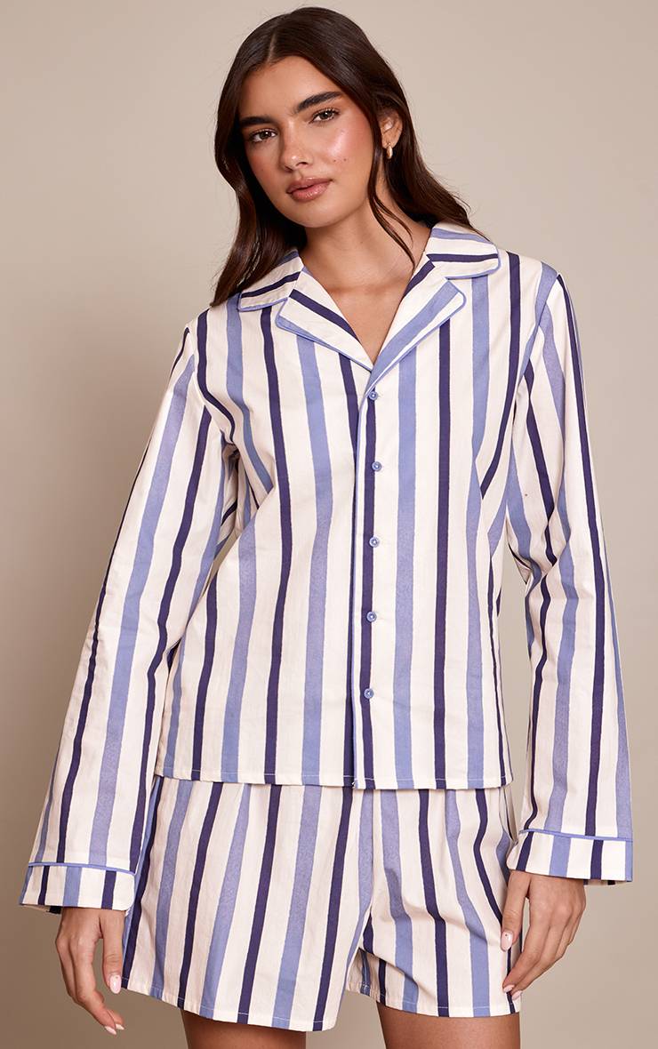 Bleu Ensemble Pyjama Haut À Manches Longues Et Short En Popeline À Rayures