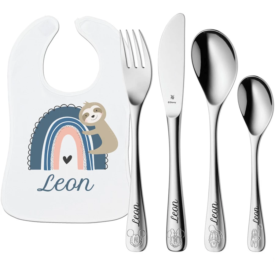 Schnullireich Geschenkset mit Namen WMF Kinderbesteck Mickey & Friends + Lätzchen Blue Rainbow Silber
